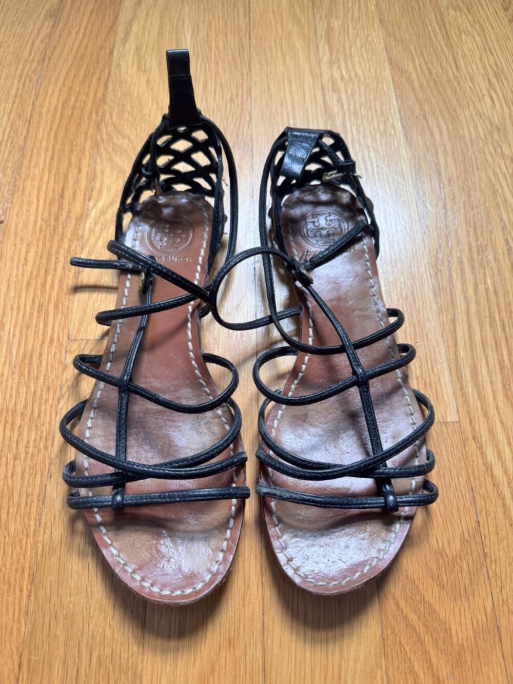Tory Burch Black Strappy Leather Flat Sandals Size 8.5